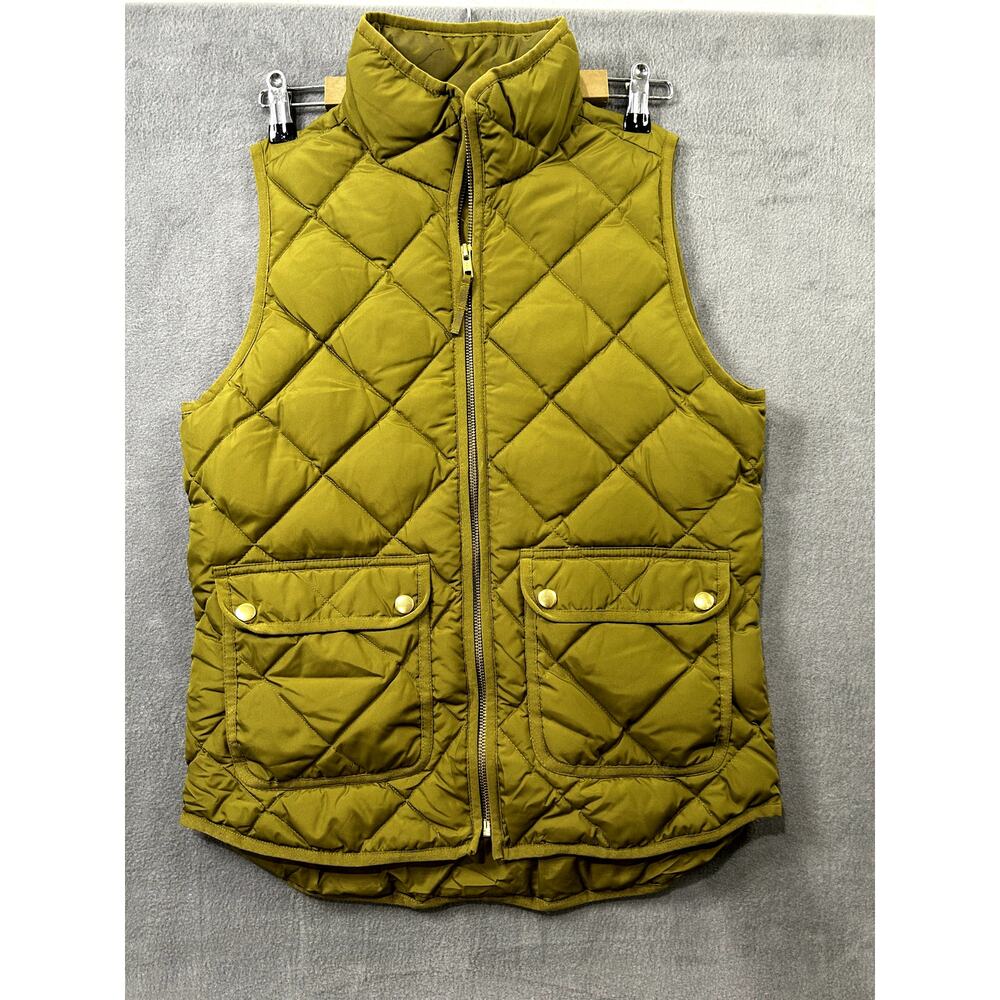 J. Crew Vest Women Olive Green‎ Quilted Puffer Zip Up Snap Pocket Size XS